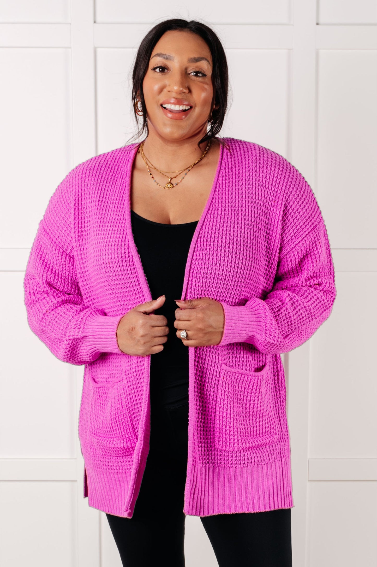 Everything Layer Waffle Knit Open Front Cardigan in Bright Mauve